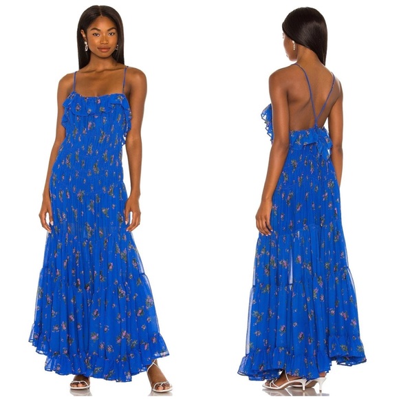 Free People Dresses & Skirts - Free People Cloud Nine Smocked Ruffle Maxi Dress Blue Floral Size Small